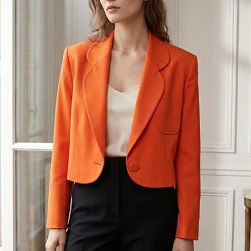 Horchow 100% Linen Orange Cropped Jacket Blazer Size 4 Single Button